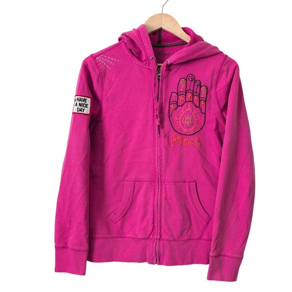 Lucky Brand Tops - VTG Lucky Brand Pink Full Zip Hoodie Peace Hand Embroidered Flower Boho Y2K L